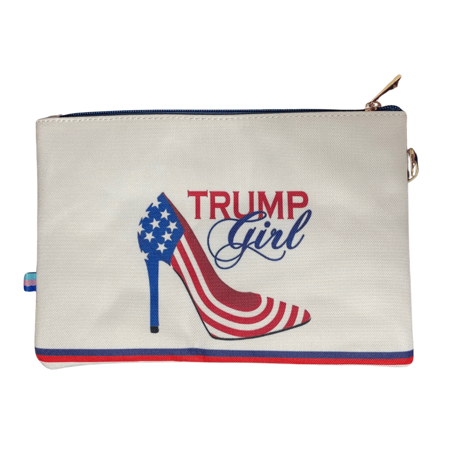 White Trump Girl Zipper Pouch featuring a patriotic design with bold 'Trump Girl' graphic and high heel, ideal for storing essentials.