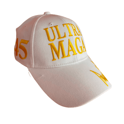 White Ultra MAGA hat featuring bold 'MAGA' embroidery and gold Donald Trump signature displayed against a neutral background.