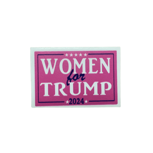 Women For Trump 2024 Pink Mini Sticker, measuring about 1.5x2 inches, showcasing bold pink background and empowering message, ideal for personal belongings.