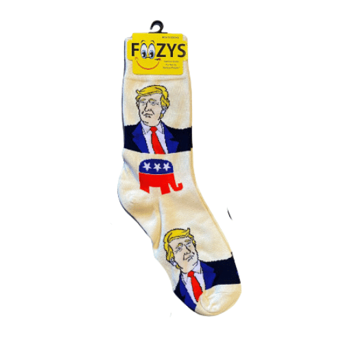 Yellow Trump Quarter Socks with GOP Elephant design, showcasing President Trump's face prominently displayed on the ankle and toe area.
