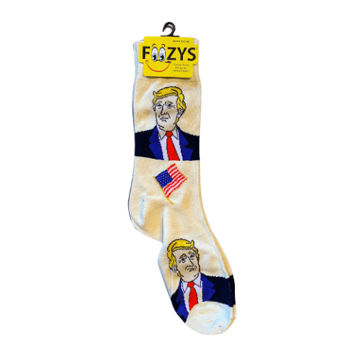 Yellow Trump Quarter Socks featuring Donald Trump's face and American flag design, showcased neatly on a flat surface.