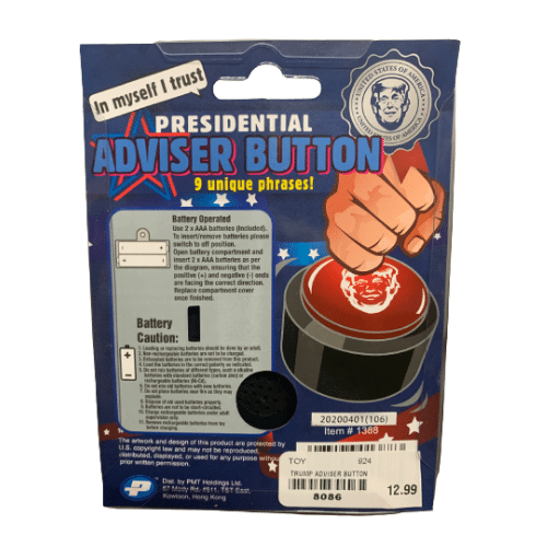 trump advisor button back of packaging
