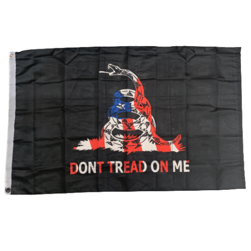 Red white and Blue Don't tread on me snake on black background flag