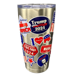 Trump 2024 Make America Great Again Stainless Steel tumbler with patriotic designs all over it.