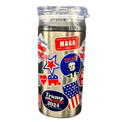 Trump 2024 MAGA 12 oz stainless steel tumbler with lid. On the tumbler is Trump and pro republican designs
