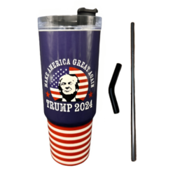 40 oz Make America Great Again Trump 2024 Tumbler with patriotic design and Trumps face.