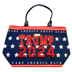 Trump 2024 Take America Back & Make America Great Again Tote bag with patriotic design.