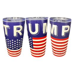 20 oz Patriotic Trump Tumbler with flag colors and a message at the bottom that says take back America.