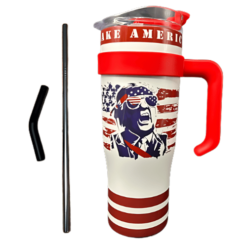 Trump Make America Great Again Tumbler with handle. Cartoon Trump with American flag design on the tumbler. Straw included