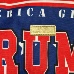 Close up view of Trump MAGA Tote bag with our leather stamp saying Trump Superstore