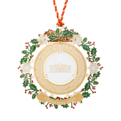 Elegant 2025 Presidential China Ornament — 3" brass collectible finished in 24K gold, featuring a detailed china plate design with holly and snowflake accents, presented in a keepsake gift box.