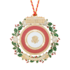 Elegant 2025 Presidential China Ornament — 3" brass collectible finished in 24K gold, featuring a detailed china plate design with holly and snowflake accents, presented in a keepsake gift box.