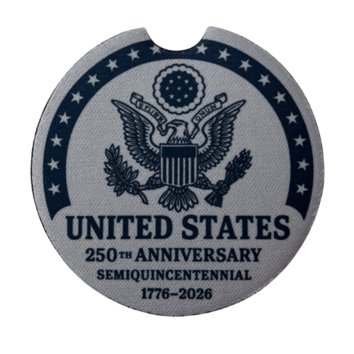 United States 250th Anniversary Seal Car Coaster featuring Great Seal design — sublimated soft coaster with textured backing and lift notch, celebrating 250 years of American strength and freedom.