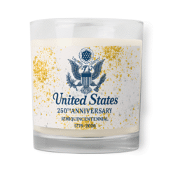 United States 250th Anniversary Small Candle featuring Great Seal design and gold accent detailing — a commemorative tribute to the U.S. Semiquincentennial.