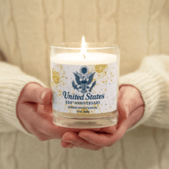 United States 250th Anniversary Small Candle featuring Great Seal design and gold accent detailing — a commemorative tribute to the U.S. Semiquincentennial.