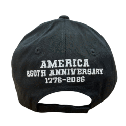 America 250th Anniversary Black Hat featuring front and back embroidery and American flag bill — celebrating 250 years of unmatched American strength and legacy.