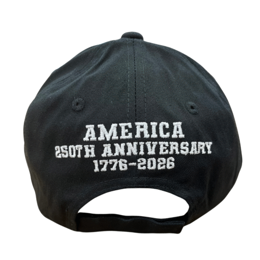 America 250th Anniversary Black Hat featuring front and back embroidery and American flag bill — celebrating 250 years of unmatched American strength and legacy.