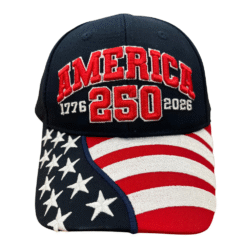 America 250th Anniversary Navy Hat with front and back embroidery and American flag bill — celebrating the U.S. Semiquincentennial and 250 years of enduring American strength.