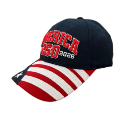 America 250th Anniversary Navy Hat with front and back embroidery and American flag bill — celebrating the U.S. Semiquincentennial and 250 years of enduring American strength.