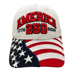 America 250th Anniversary White Hat with front and back embroidery and American flag bill — honoring 250 years of unmatched American strength, vision, and freedom.