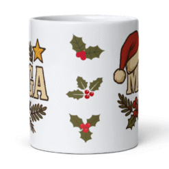 MAGA Christmas 12oz Mug featuring Santa hat and holly design — a bold, festive way to celebrate Christmas with patriotic flair.