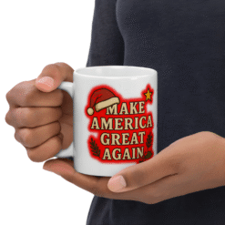 Make America Great Again Christmas 12oz Mug featuring Santa hat and holly design — festive and patriotic with classic holiday flair.