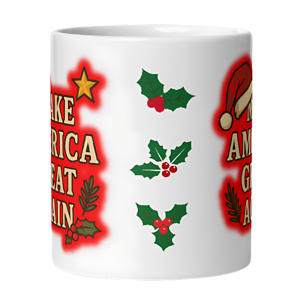 Make America Great Again Christmas 12oz Mug featuring Santa hat and holly design — festive and patriotic with classic holiday flair.