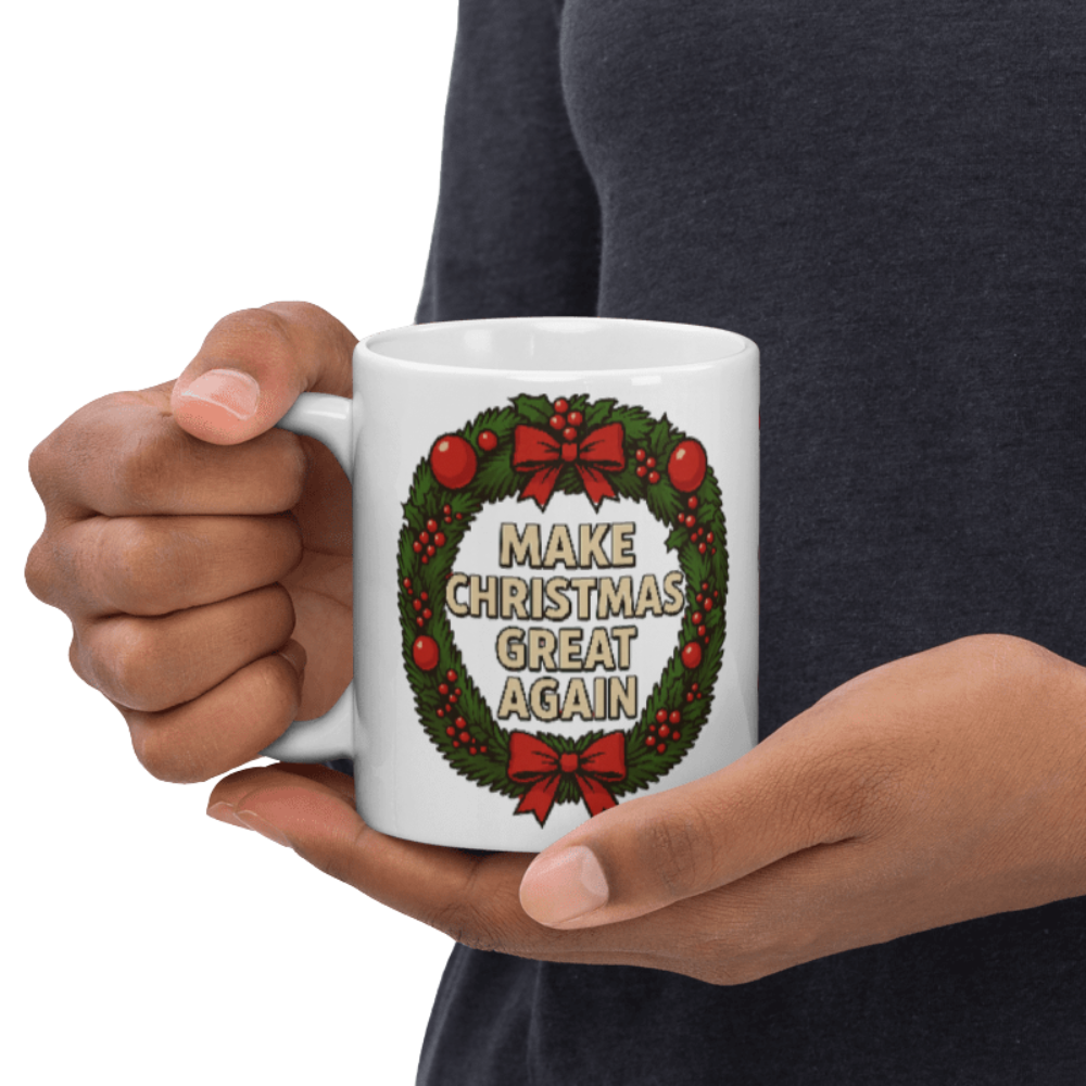 Make Christmas Great Again Wreath 12oz Mug featuring festive wreath design — a patriotic and humorous addition to your holiday coffee routine.