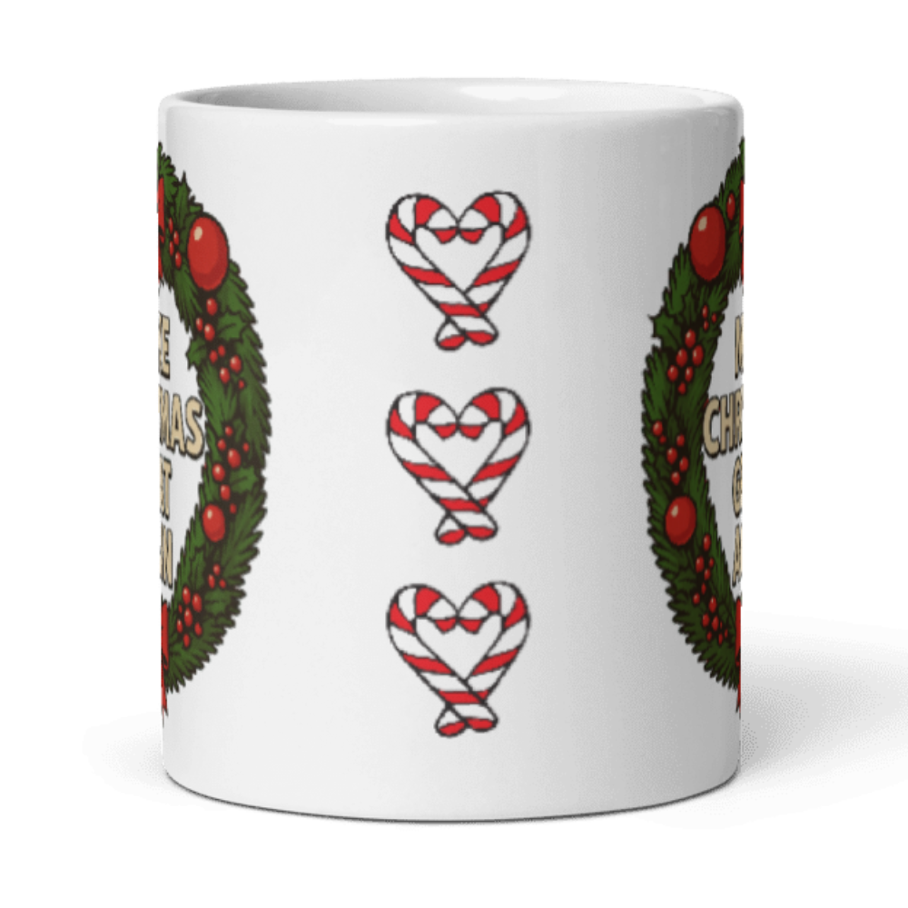 Make Christmas Great Again Wreath 12oz Mug featuring festive wreath design — a patriotic and humorous addition to your holiday coffee routine.