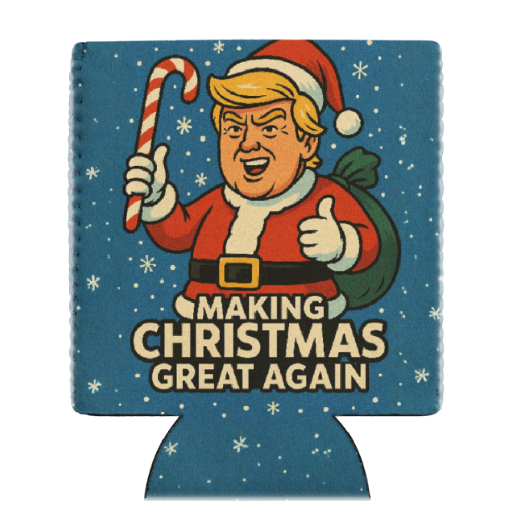 Trump “Making Christmas Great Again” Koozie featuring Santa Trump and candy cane artwork — a humorous, festive twist on holiday cheer