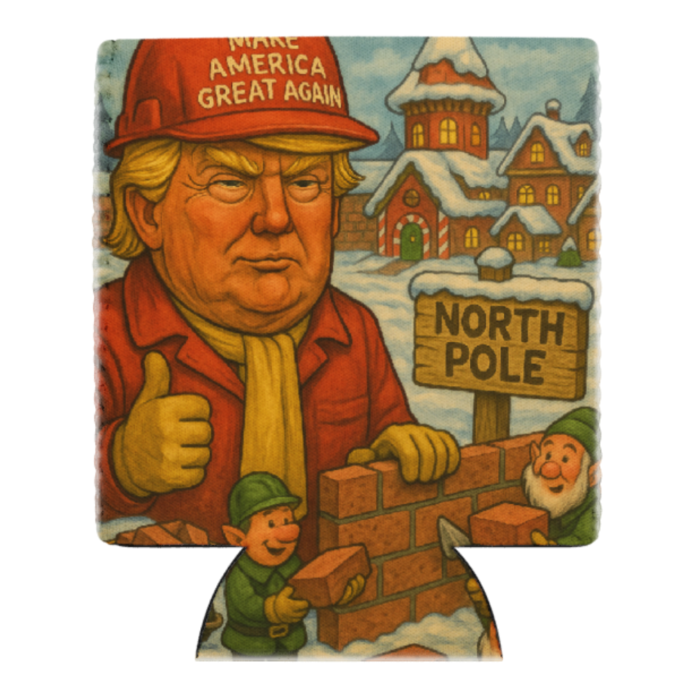 Trump “North Pole Wall” Christmas Koozie featuring satirical MAGA holiday artwork — a funny, bold take on festive border control.