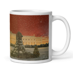 White House Silent Night 12oz Mug featuring serene winter scene — an elegant, patriotic tribute to Christmas in America.
