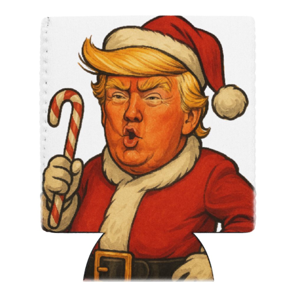 Trump Santa Candy Cane Koozie featuring satirical holiday artwork — bold, funny, and perfect for spreading politically charged Christmas cheer.
