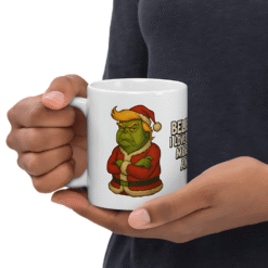 Trump Grinch “Believe Me” Christmas 12oz Mug featuring satirical holiday art — a hilarious and festive addition to your Christmas collection.