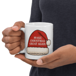Make Christmas Great Again Santa Hat 12oz Mug featuring candy cane and holiday hat design — a fun, patriotic twist on Christmas cheer.