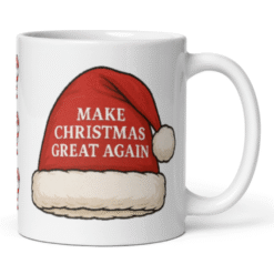 Make Christmas Great Again Santa Hat 12oz Mug featuring candy cane and holiday hat design — a fun, patriotic twist on Christmas cheer.