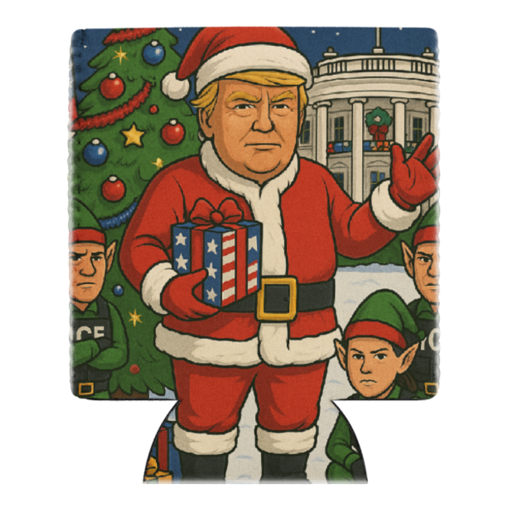 Trump Christmas “ICE Elves” Koozie featuring Santa Trump, patriotic gift, and ICE elves — a bold, satirical twist on holiday cheer.