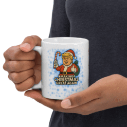 Trump “Making Christmas Great Again” 12oz Mug featuring Santa Trump with candy cane — a bold, funny, and festive addition to your Christmas lineup.