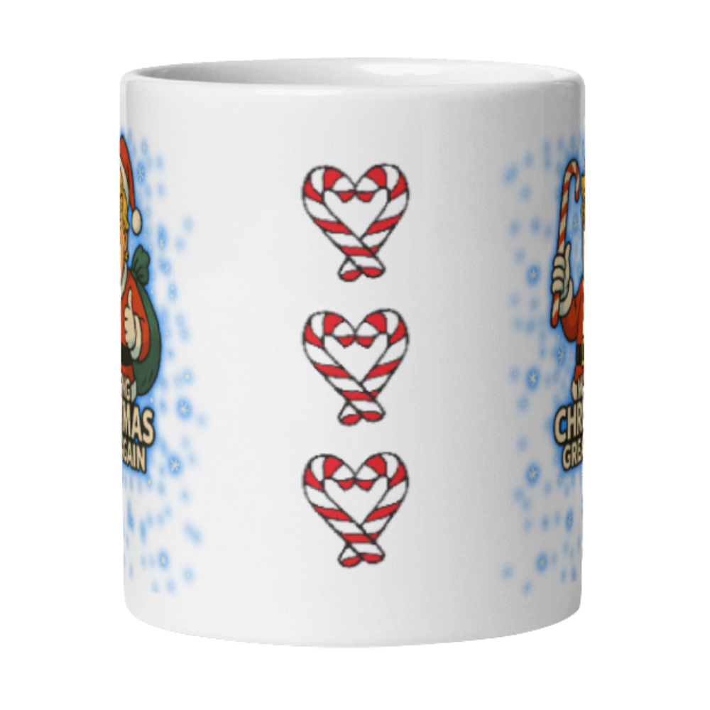 Trump “Making Christmas Great Again” 12oz Mug featuring Santa Trump with candy cane — a bold, funny, and festive addition to your Christmas lineup.