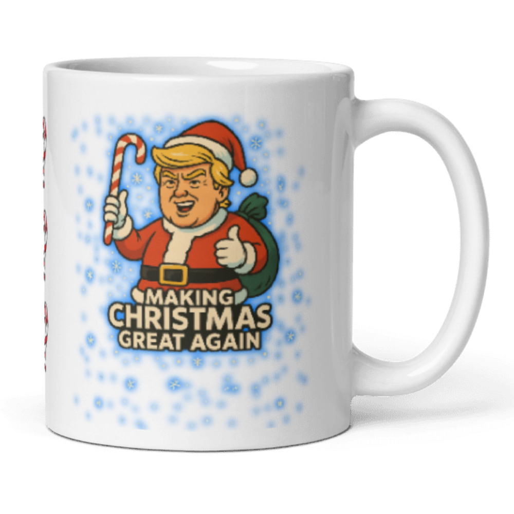 Trump “Making Christmas Great Again” 12oz Mug featuring Santa Trump with candy cane — a bold, funny, and festive addition to your Christmas lineup.