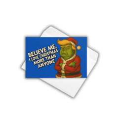 Funny 3-pack of Trump Grinch greeting cards — blank inside with premium matte finish and bold patriotic humor.