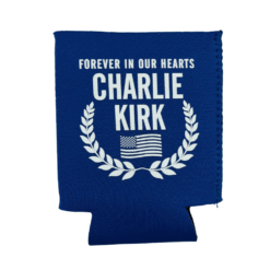 blue neoprene koozie featuring charlie kirk memorial "forever in our hearts"