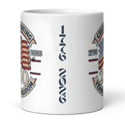 America 250 Years of Freedom 12oz Mug featuring waving flag and 1776–2026 design — celebrating the U.S. Semiquincentennial and 250 years of liberty and pride.