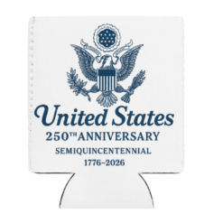 United States 250th Anniversary Emblem White Koozie featuring Great Seal design — commemorating the U.S. Semiquincentennial and 250 years of enduring freedom and leadership.