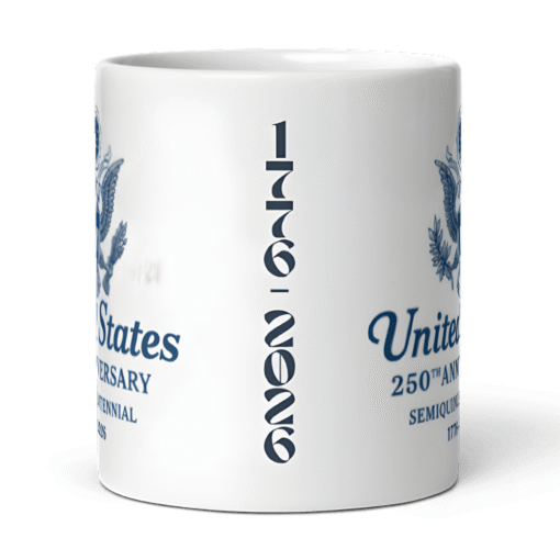 United States 250th Anniversary Emblem 12oz Mug featuring Great Seal design — celebrating the U.S. Semiquincentennial and 250 years of American leadership, strength, and pride.
