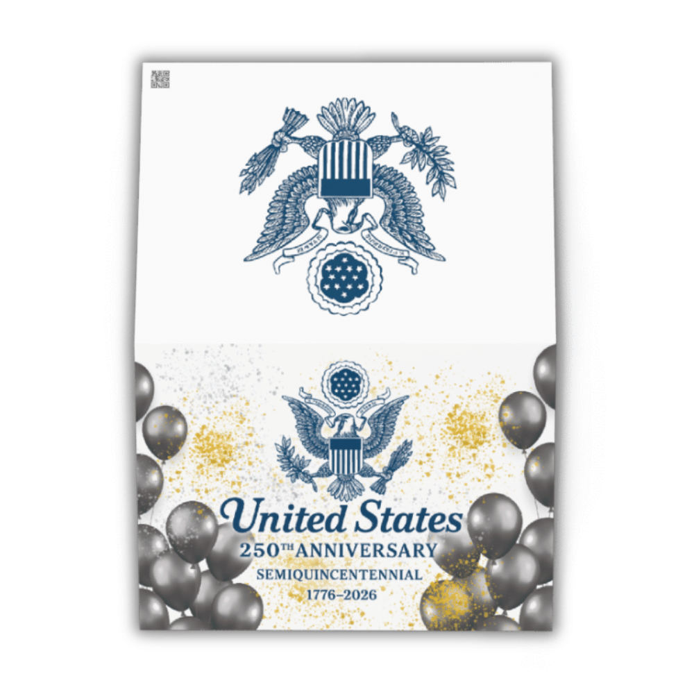 Elegant 3-pack of 250th Anniversary greeting cards — blank inside and beautifully detailed to honor America’s Semiquincentennial.