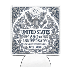 United States 250th Anniversary Heritage White Koozie featuring ornate Great Seal design — commemorating the Semiquincentennial and 250 years of American legacy and pride.