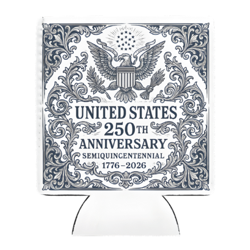 United States 250th Anniversary Heritage White Koozie featuring ornate Great Seal design — commemorating the Semiquincentennial and 250 years of American legacy and pride.