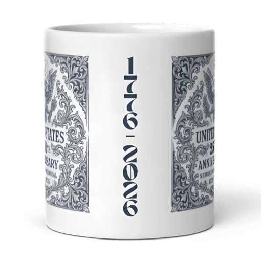 United States 250th Anniversary Heritage 12oz Mug featuring ornate Great Seal design — celebrating the U.S. Semiquincentennial and 250 years of strength, heritage, and freedom.