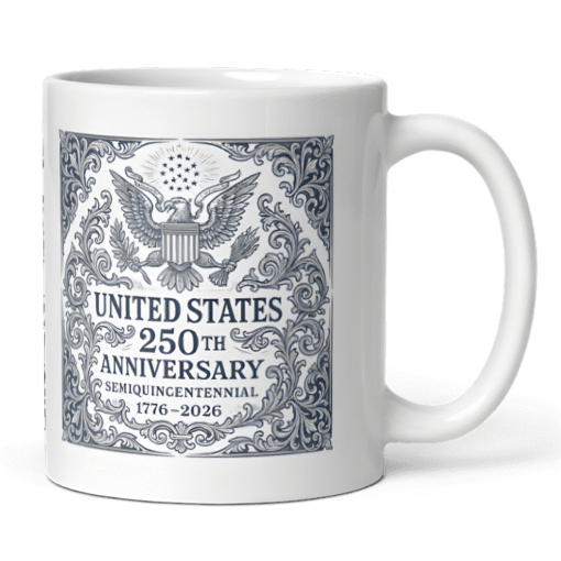 United States 250th Anniversary Heritage 12oz Mug featuring ornate Great Seal design — celebrating the U.S. Semiquincentennial and 250 years of strength, heritage, and freedom.